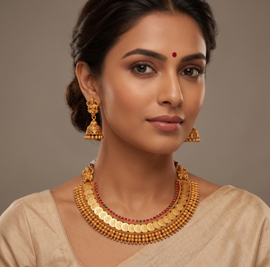 Matte Finish Kemp-green Lakshmi Coin Necklace Set -dj10856