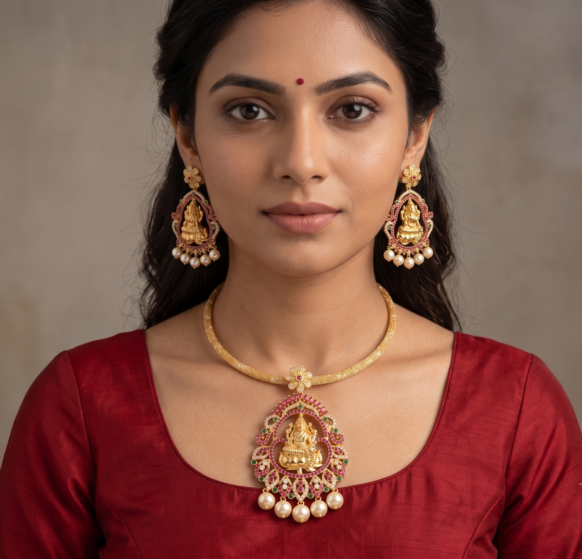 Gold tone cz ruby-emerald-pearl lakshmi necklace set- DJ10864