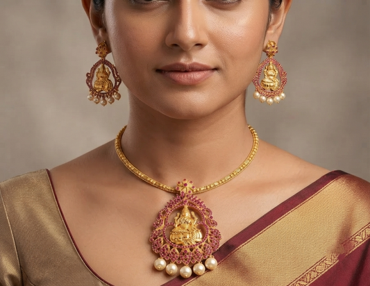 Gold tone Cz Ruby Pearl Lakshmi Necklace Set- DJ10865