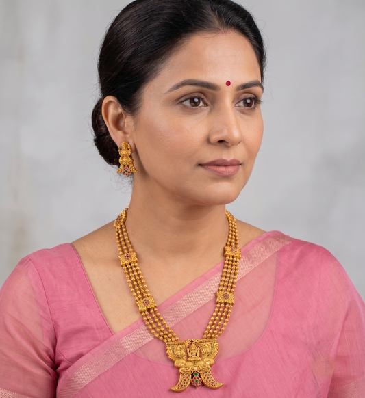 Matte Finish Ruby-emerald Multilayer Lakshmi Short haar Set- DJ10872