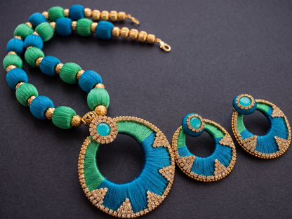 Gold tone Blue-green Silk Thread Necklace Set DJ10784