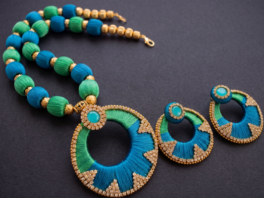 Gold tone Blue-green Silk Thread Necklace Set DJ10784