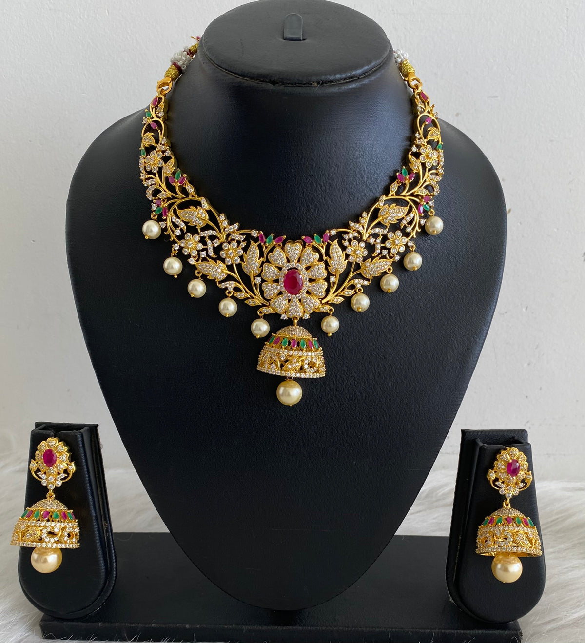 Gold tone Cz ruby-emerald Jhumkka pendant necklace set dj-10876