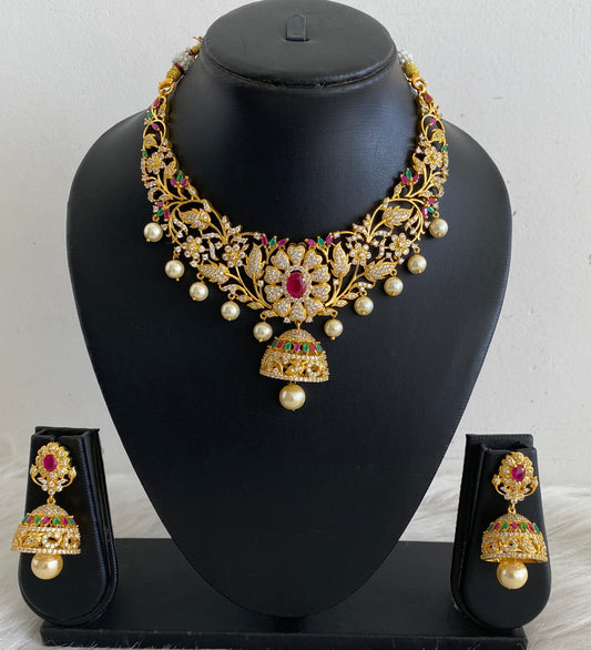 Gold tone Cz ruby-emerald Jhumkka pendant necklace set dj-10876