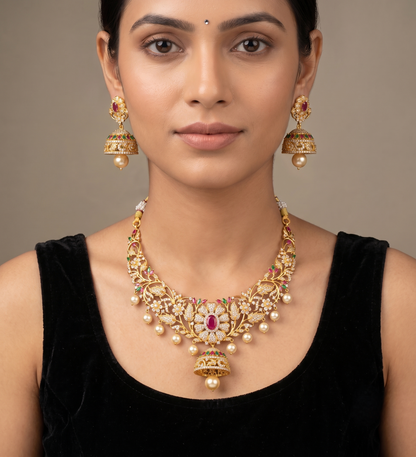Gold tone Cz ruby-emerald Jhumkka pendant necklace set dj-10876