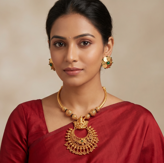 Antique gold tone green Lakshmi Bali Necklace Set -dj10884
