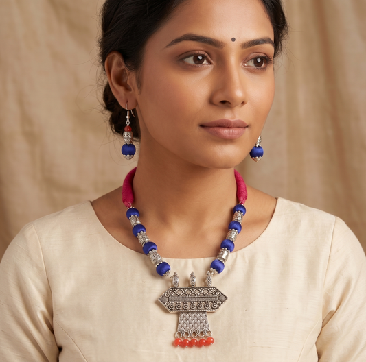 Silver Tone Pink-blue Silk thread Necklace Set -dj10886
