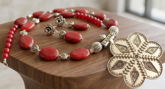 Silver Tone Maroon Beaded flower Necklace Set -dj10891