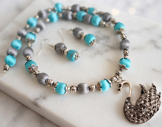 Silver Tone Silk Thread Grey-blue Swan Necklace Set -dj10917