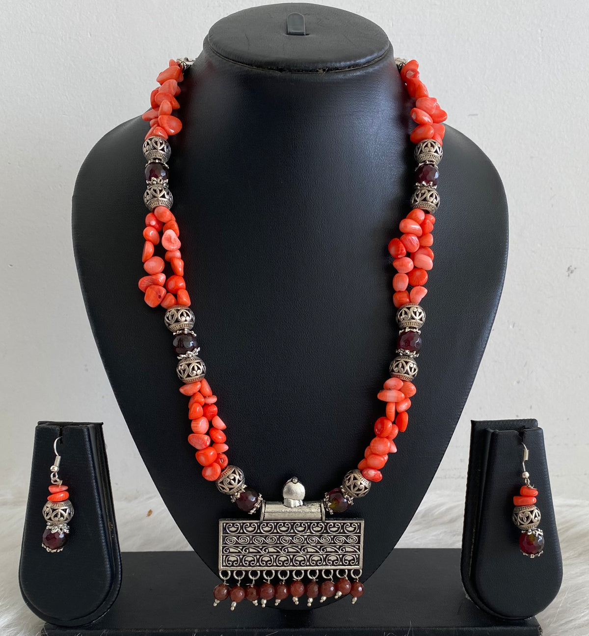 Silver Tone Red-brown Beaded Necklace Set -dj10919