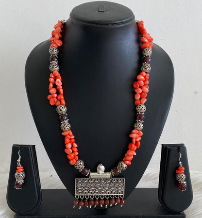 Silver Tone Red-brown Beaded Necklace Set -dj10919