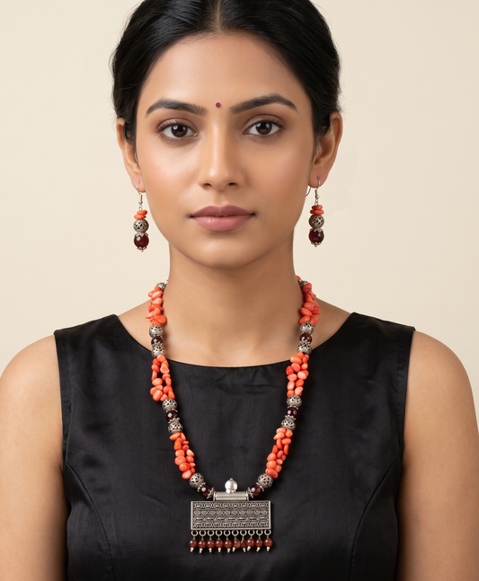 Silver Tone Red-brown Beaded Necklace Set -dj10919