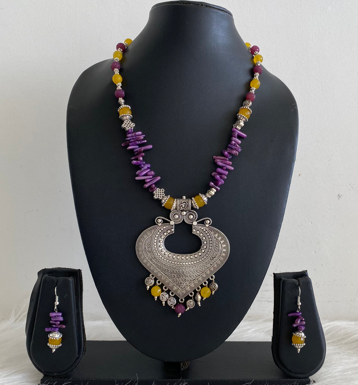 Silver Tone Purple-yellow Beads Necklace Set -dj10921