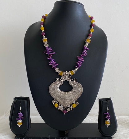 Silver Tone Purple-yellow Beads Necklace Set -dj10921
