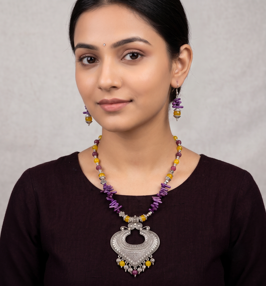 Silver Tone Purple-yellow Beads Necklace Set -dj10921