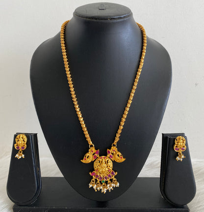Matte Finish Ruby-emerald Lakshmi Chain With Screw Back Earrings -dj10944