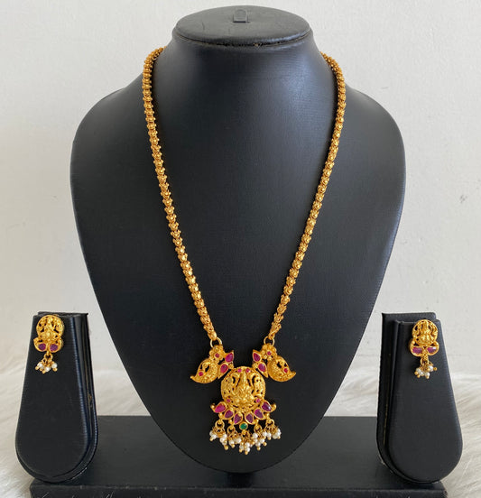 Matte Finish Ruby-emerald Lakshmi Chain With Screw Back Earrings -dj10944