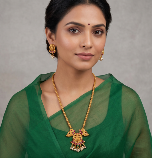 Matte Finish Ruby-emerald Lakshmi Chain With Screw Back Earrings -dj10944