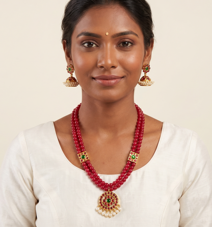 Gold tone Kemp-green Double Layer Beaded Necklace Set -dj10952