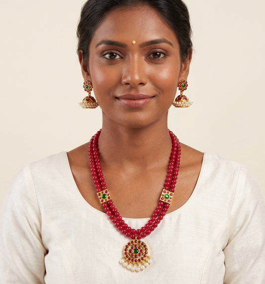 Gold tone Kemp-green Double Layer Beaded Necklace Set -dj10952