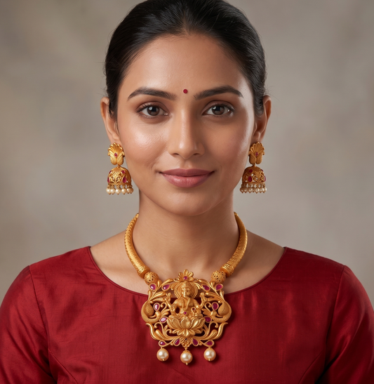 Matte Finish Ruby-Pearl Lakshmi Kante Necklace Set-dj10960
