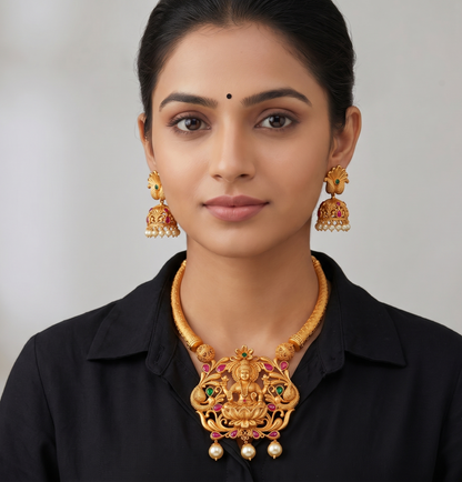 Matte Finish Ruby-emerald Lakshmi Kante Necklace Set-dj10961