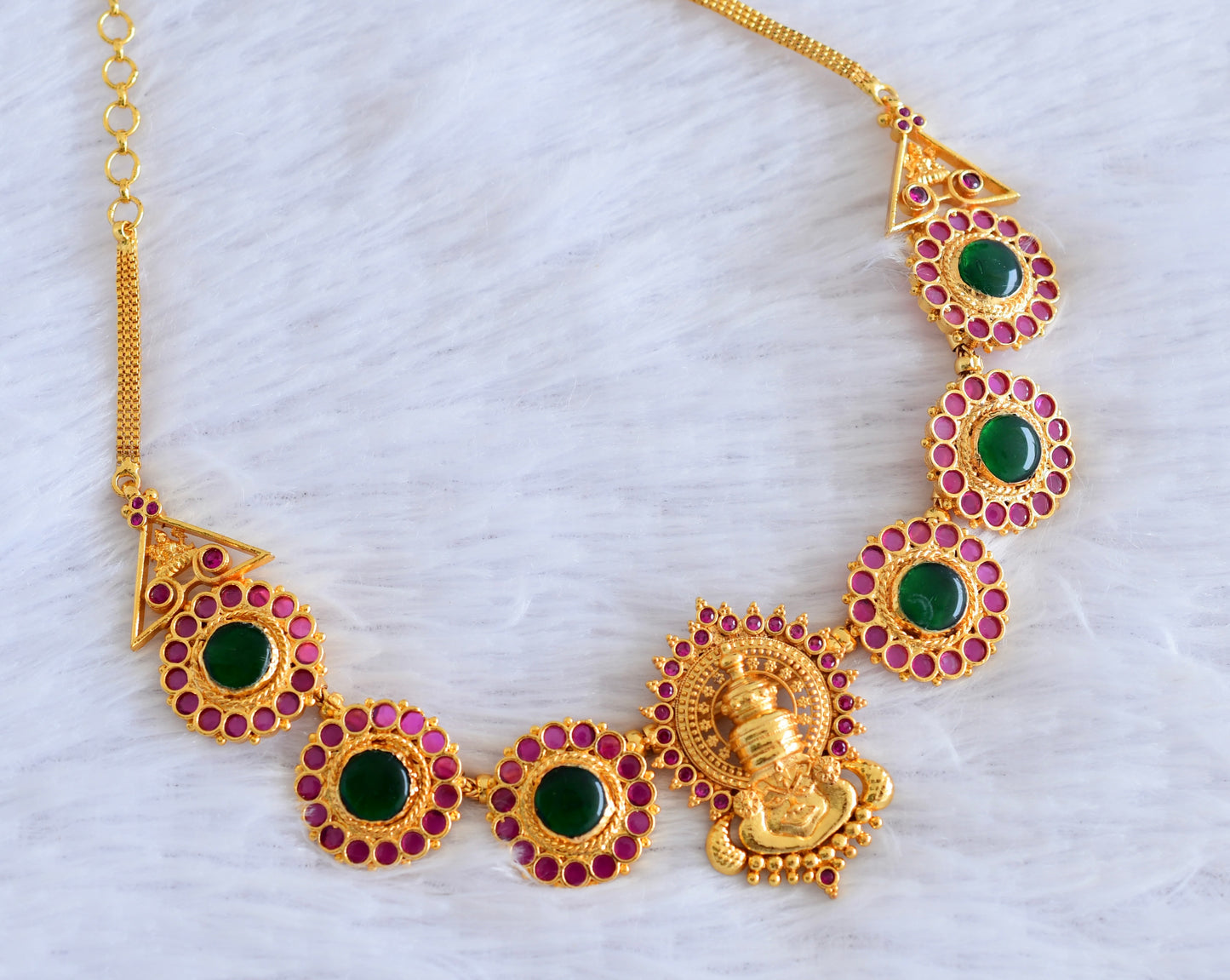 Gold tone pink-green kerala style kathakali necklace dj-53092