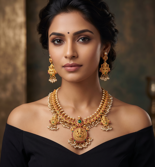Gold tone Gutta pusalu Lakshmi ruby-emerald necklace set dj-10984