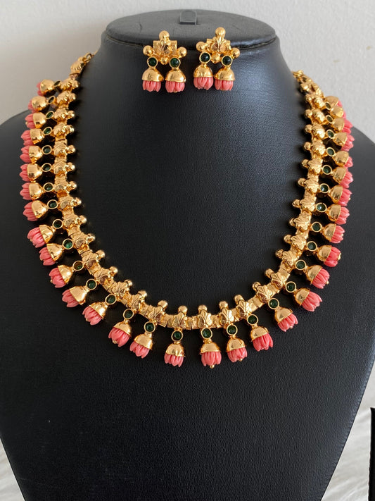 Gold tone green stone with pink tulip necklace set dj-54056