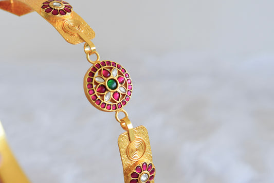 Gold tone pink-green-white kundan jadau flower waist band dj-50859