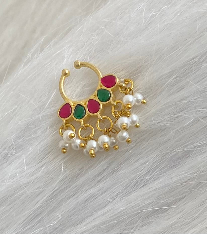 Gold tone kundan jadau pink-green stone pearl nose pin/bulakku dj-53789