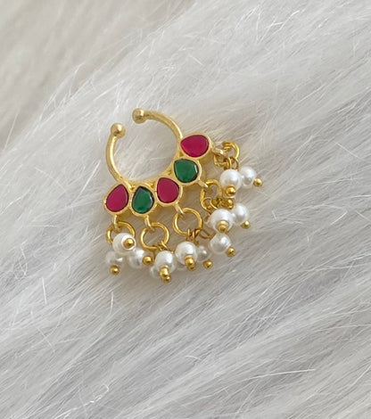 Gold tone kundan jadau pink-green stone pearl nose pin/bulakku dj-53789