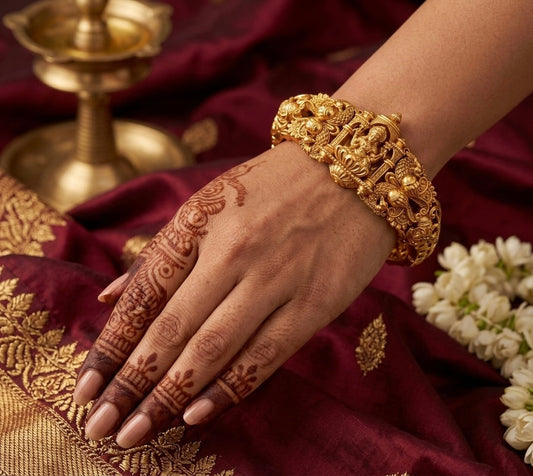 Antique gold tone lakshmi peacock lock type openable kada/bracelet dj-53462