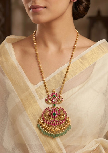 Antique gold tone pink-green-white kundan jadau peacock green bead haar dj-54515