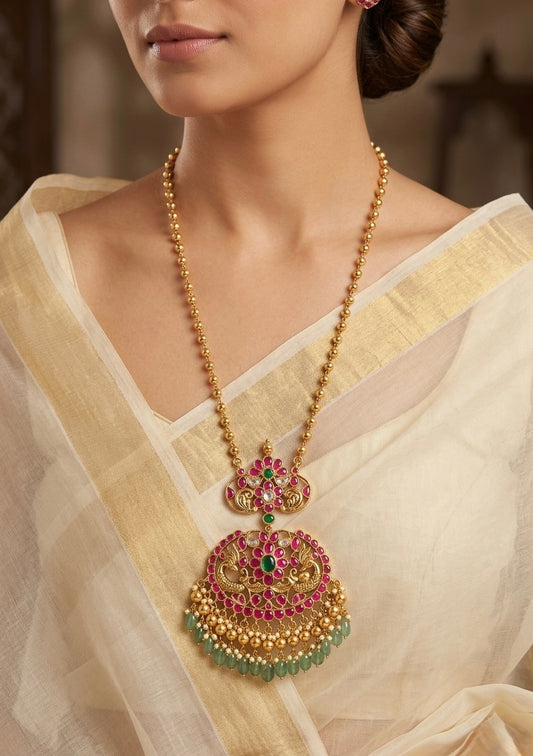 Antique gold tone pink-green-white kundan jadau peacock green bead haar dj-54515