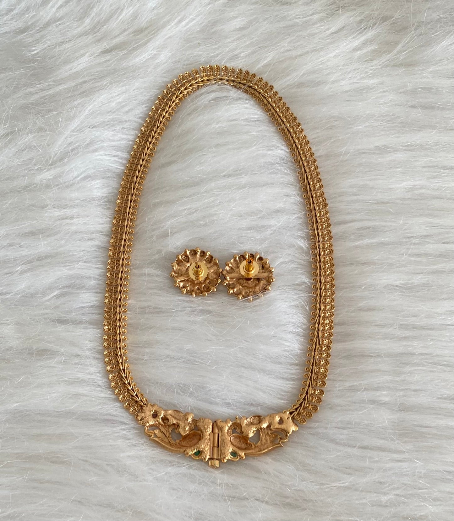 Antique gold tone kemp-green peacock front lock screw necklace set dj-54429