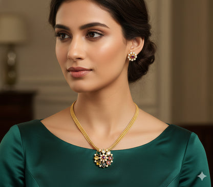 Matte finish cz navarathna stone flower necklace set dj-50185