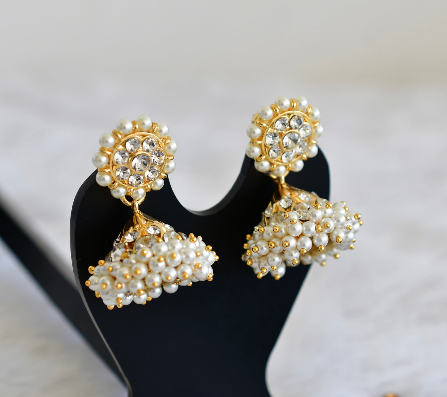 Gold tone AD white pearl small jhumkka dj-52518