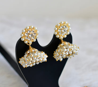 Gold tone AD white pearl small jhumkka dj-52518
