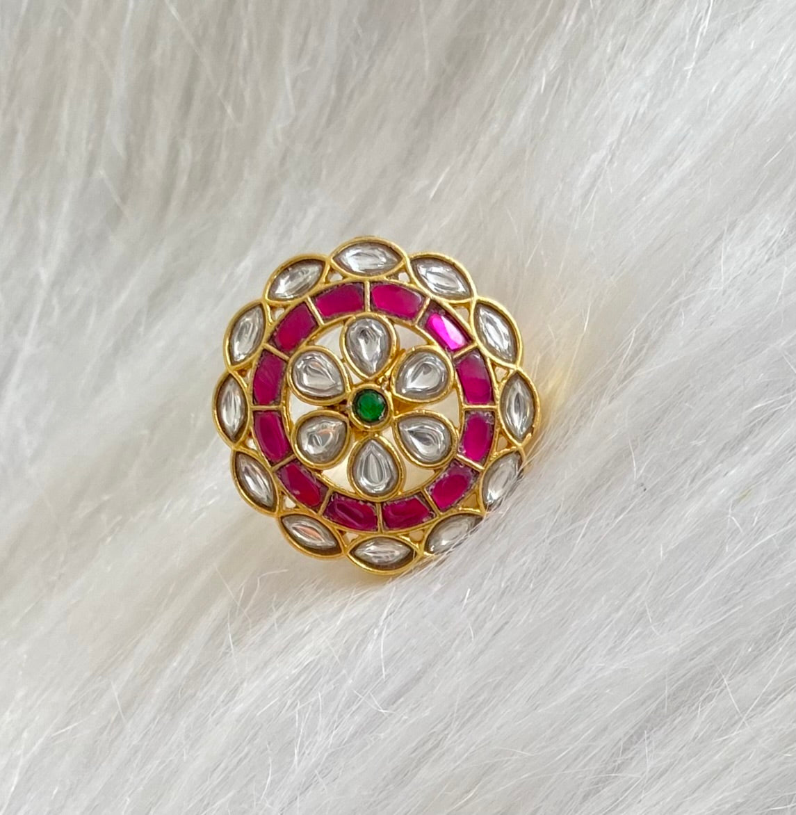 Gold tone pink-green-white kundan jadau round finger ring dj-54320