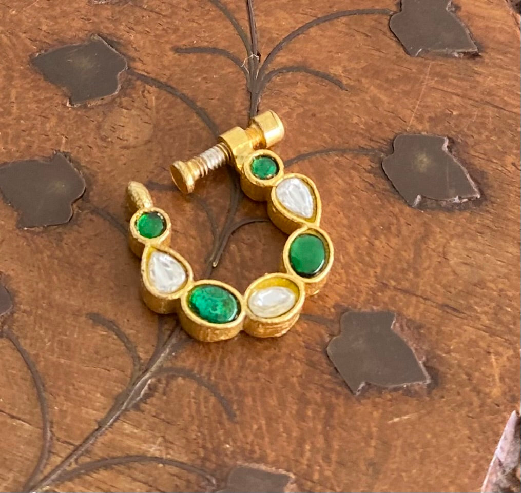 Gold tone kundan jadau green-white stone nose pin dj-53728