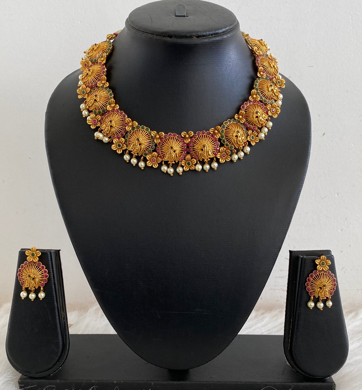 Matte Finish Ruby-emerald Pearl Peacock Necklace Set-dj11004