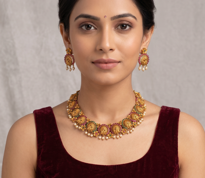Matte Finish Ruby-emerald Pearl Peacock Necklace Set-dj11004