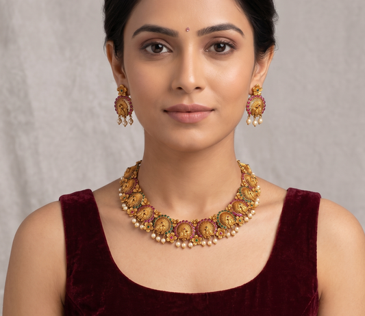 Matte Finish Ruby-emerald Pearl Peacock Necklace Set-dj11004