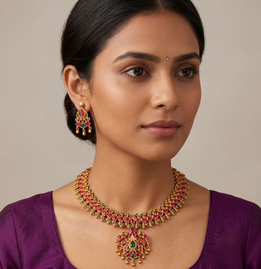 Matte finish ruby-emerald peacock necklace set dj-11008