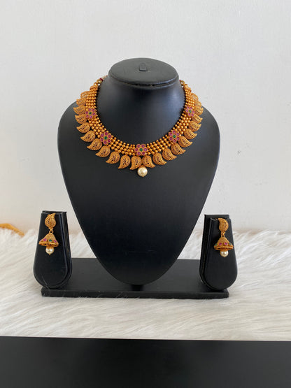 Matte Finish ruby-emerald flower mango necklace set-dj11010