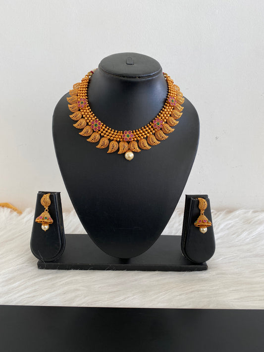 Matte Finish ruby-emerald flower mango necklace set-dj11010