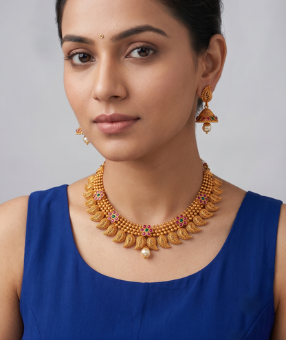 Matte Finish ruby-emerald flower mango necklace set-dj11010