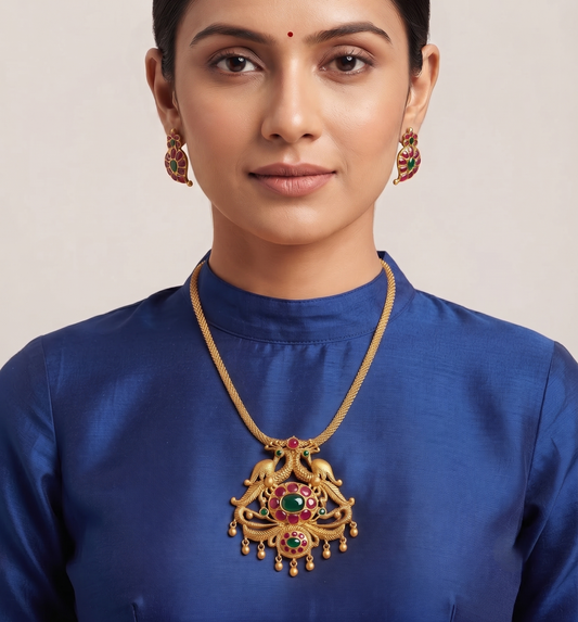 Matte Finish Ruby-emerald Peacock Mango Necklace Set-dj11014