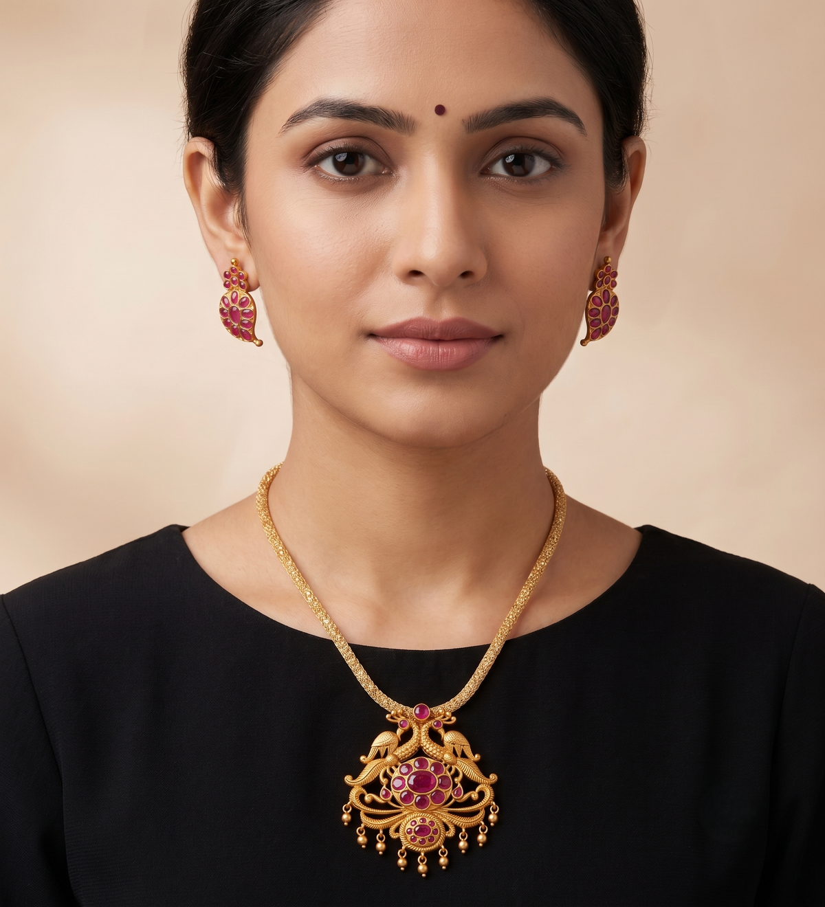 Matte finish ruby peacock mango necklace set-dj11015